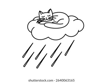 Cute sleeping kitten on rainy cloud, minimal linear outline vector illustration.