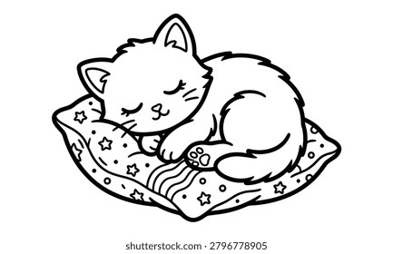 Cute sleeping kitten on a starry pillow coloring page vector, adorable cartoon cat line art illustration for kids activity book,