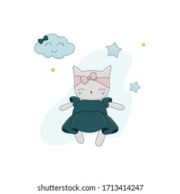 Cálido gatito dormido con estrellas y nubes. Chica gatita. Ilustración del vector