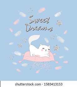 Cute sleeping kitten who has magical dreams.Vector illustration