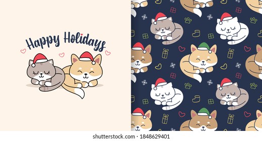Cute sleeping kitty and puppy seamless pattern and illustration designs