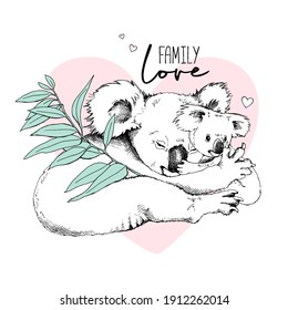 Cute sleeping koala with baby. Family hugs. Humor card, t-shirt composition, hand drawn style print. Vector illustration.