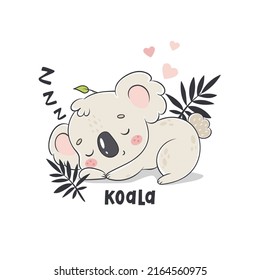 Cute sleeping koala cartoon vector illustration for posters, T-shirt  print, postcard. Jungle animal in hand drawn style