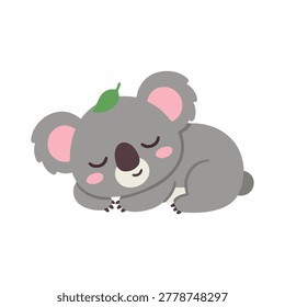 Cute Sleeping Koala Character with Leaf Flat Vector Illustration