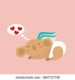 Cute sleeping Koala Cupid with wings on his back. Isolated. Cartoon vector illustration for Valentine's Day