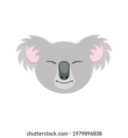 Cute sleeping koala face. Australian bear head in childish style for greeting or invitation card, nursery or baby shower party design, carnival mask. Vector flat illustration.
