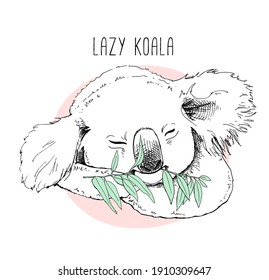 Cute sleeping koala with a green sprig of eucalyptus. Humor card, t-shirt composition, hand drawn style print. Vector illustration.