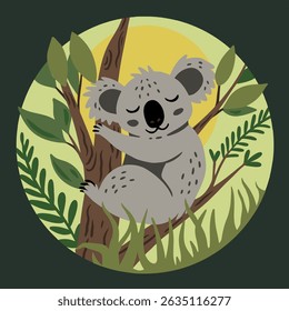 Cute sleeping koala hugging a tree branch in a green forest with sun behind, soft layered paper cut style in circular composition