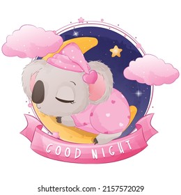Cute sleeping koala illustration for baby girl