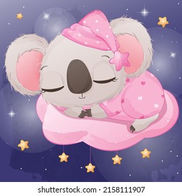 Cute sleeping koala illustration for baby girl