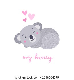 Cute sleeping koala on white background. Bear animal with lettering vector card