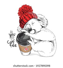 Cute sleeping koala in the red knitted hat  with a plastic cup of coffee. Humor card, t-shirt composition, hand drawn style print. Vector illustration.