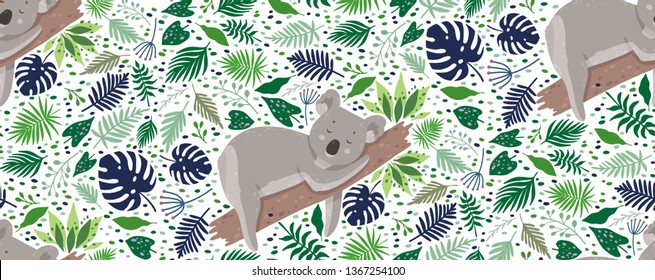 Cute sleeping koala surrounded by leaves. Summer vector seamless pattern in trendy style.Can be used for fabric,wrapping,wallpapers,web page backgrounds,surface textures,textile.
