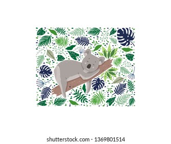 Cute sleeping koala surrounded by leaves. Elegant summer vector in trendy style. Background with a square frame. Can be used poster, greeting card, gift, banner, textile, T-shirt, mug.