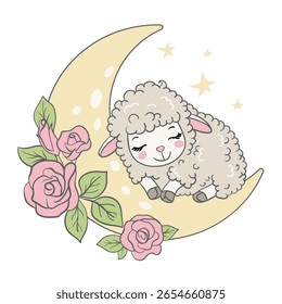 cute sleeping lamb on a crescent moon decorated with flowers. Soft pastel colors, perfect for nursery decor, baby shower. Vector children's illustration. 
