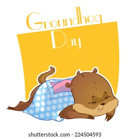 Cute sleeping marmot Card for Groundhog Day. Vector clip-art illustration.