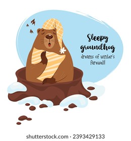 Cute sleeping marmot character with pillow looks out of hole. Festive funny card for Groundhog Day on February 2. Vector illustration