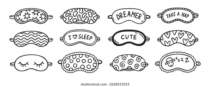 cute sleeping mask doodle hand drawn icon set. Outline drawing line clipart symbol collection. Vector illustration