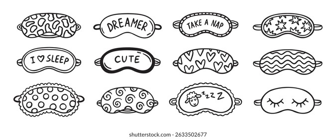 bonitinho máscara de dormir doodle mão desenhado ícone set. Coleção de símbolos de clipart de linha de desenho de estrutura de tópicos. Ilustração vetorial