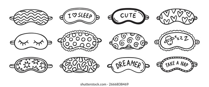 bonitinho máscara de dormir doodle mão desenhado ícone set. Coleção de símbolos de clipart de linha de desenho de estrutura de tópicos. Ilustração vetorial