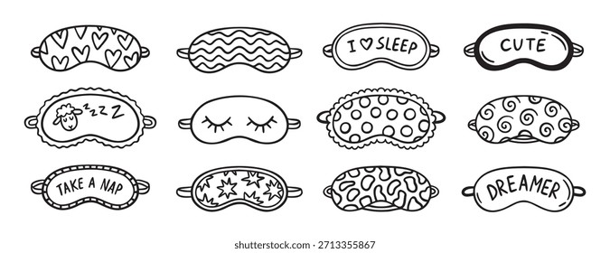 bonitinho máscara de dormir doodle mão desenhado ícone set. Coleção de símbolos de clipart de linha de desenho de estrutura de tópicos. Ilustração vetorial