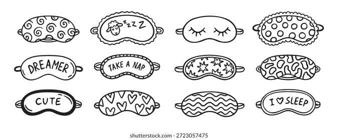 bonitinho máscara de dormir doodle mão desenhado ícone set. Coleção de símbolos de clipart de linha de desenho de estrutura de tópicos. Ilustração vetorial
