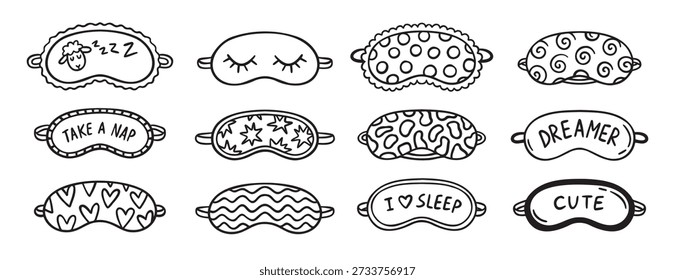 cute sleeping mask doodle hand drawn icon set. Outline drawing line clipart symbol collection. Vector illustration