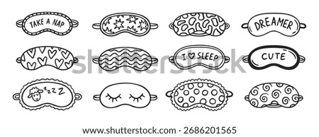 cute sleeping mask doodle hand drawn icon set. Outline drawing line clipart symbol collection. Vector illustration