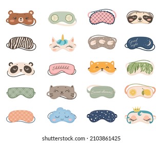 Cute sleeping masks with animals and patterns, night eye mask. Cartoon sleep accessories for dreaming, nightwear pajama elements vector set. Bedtime relaxation and rest, comfortable blindfold