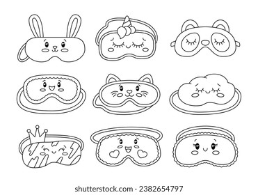 Cute sleeping masks. Coloring Page. Kawaii eyes, panda, cloud, bunny and cat faces. Sweet dream. Hand drawn style. Vector drawing. Collection of design elements.