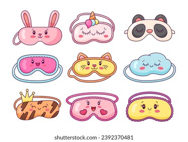Cute sleeping masks. Kawaii eyes, panda, cloud, bunny and cat faces. Sweet dream. Hand drawn style. Vector drawing. Collection of design elements.