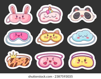 Cute sleeping masks. Sticker Bookmark. Kawaii eyes, panda, cloud, bunny and cat faces. Sweet dream. Hand drawn style. Vector drawing. Collection of design elements.