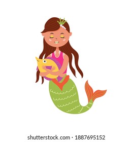 Cute sleeping mermaid hugs a fish. Fairy sea creature girl with a tail. Vector flat character