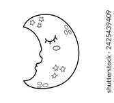 Cute sleeping moon black and white print for kids. Good night kawaii character in outline for coloring. Sweet dreams vector illustration
