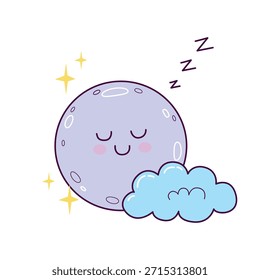 Luna dormida linda con la ilustración de la nube en estilo dibujado a mano