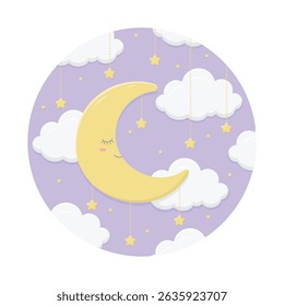 Cute sleeping moon with clouds and stars behind. Night fantasy cartoon vector illustration.