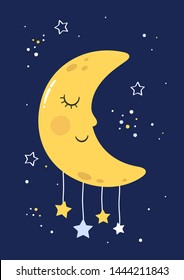 Cute sleeping moon with hanging stars on blue background. Good night for kids. Vector.