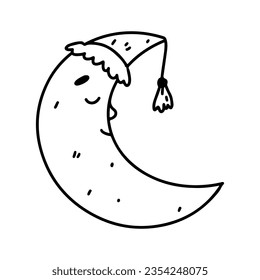 Cute sleeping Moon with nightcap. Hand drawn doodle style. Vector illustration isolated on white. Coloring page.