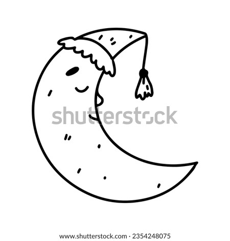 Cute sleeping Moon with nightcap. Hand drawn doodle style. Vector illustration isolated on white. Coloring page.