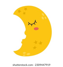 Cute sleeping moon print for kids. Good night character in cartoon style. Sweet dreams vector illustration