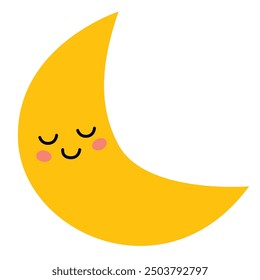 Cute sleeping moon, simple flat illustration, children's book style. Night kawaii character isolated on a white background. Vector poster, banner or postcard