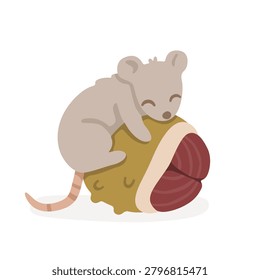 Cute sleeping mouse cuddling a chestnut in a spiky husk. Cozy autumn woodland character for seasonal designs, nursery decor and fall collections. Flat vector illustration.