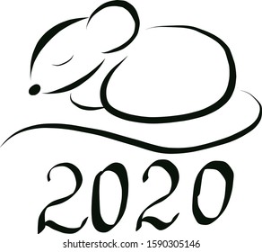 Cute sleeping mouse lying on the number 2020. Asian symbol of the new year. Black and white vector illustration. Hand drawn sketch.