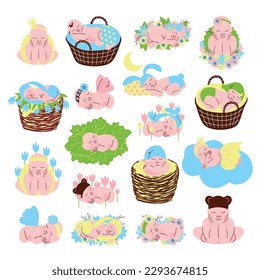 Cute Sleeping Newborn Baby Cuddling in Wicker Basket with Flowers Big Vector Set