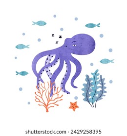 Cute sleeping octopus and fish. Marine watercolor vector illustration for kids