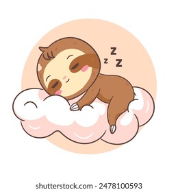 Cute Sleeping on the Cloud Sloth Cartoon Character. Adorable and Kawaii Animal Concept Design. Icon Mascot Vector Illustration