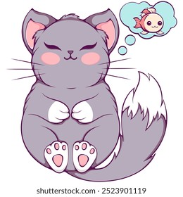 Cute sleeping on his back cat in kawaii style. The cat dreams of a fish. Funny baby character. Design element for poster, postcard, greeting card, children clothes, t-shirts