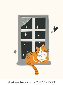 Gato naranja adormilado lindo acurrucado en la ventana con los ojos cerrados y las rayas en la piel, Ilustración vectorial en estilo infantil