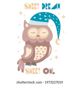 Cute sleeping owl with blue nightcap on white background with stars. Cartoon character for nursery poster, card, wall art. Nursery art.