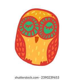 Cute Sleeping owl hand drawn in children style. Funny fairy bird. Doodle style art. Design element for kids products. Felt tip pen drawn vector isolated on white background